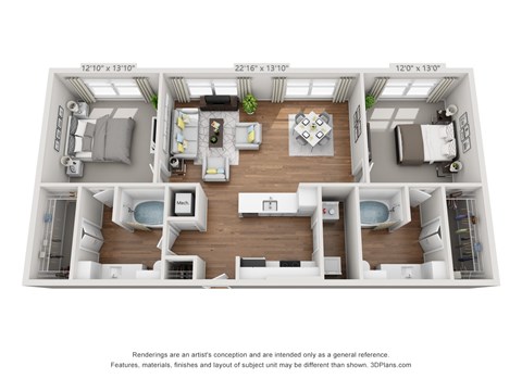 Floor plan for 2 beds, 2 baths, 1152 sqft